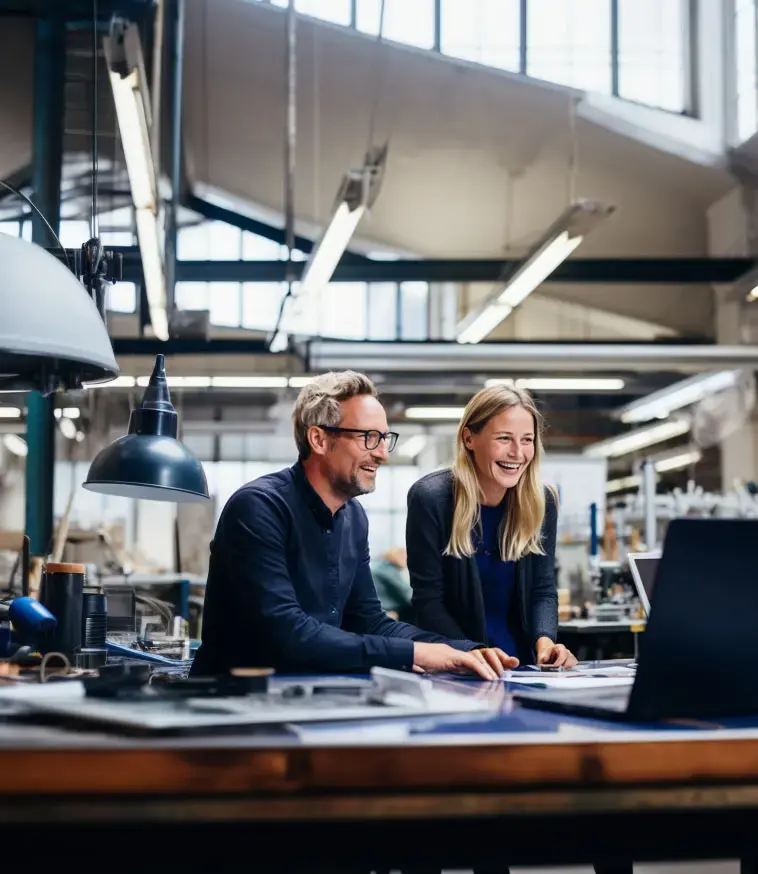 Eine Frau und ein Mann in einer Fabrik sehen sich einen Computerschirm an mit Übersetzungen für Maschinenbau