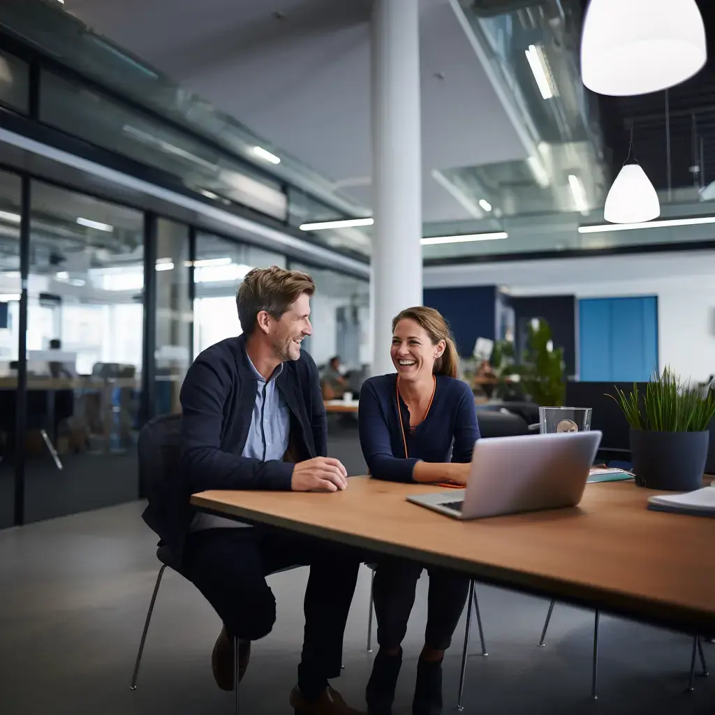 Zwei Kollegen im Büro besprechen ihre anstehende professionelle Fachübersetzung