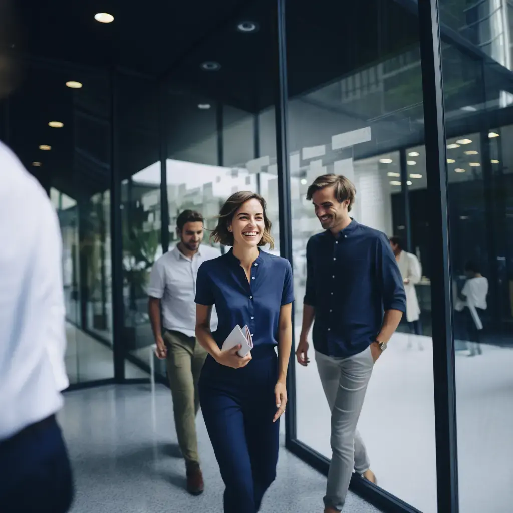 Kollegen im modernen Büro, freuen sich über ihre technische Übersetzung