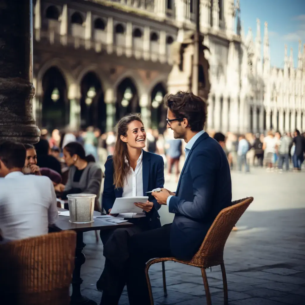 Italienisch-Übersetzer trifft Kunden in einem Café auf der Piazza San Marco in Venedig