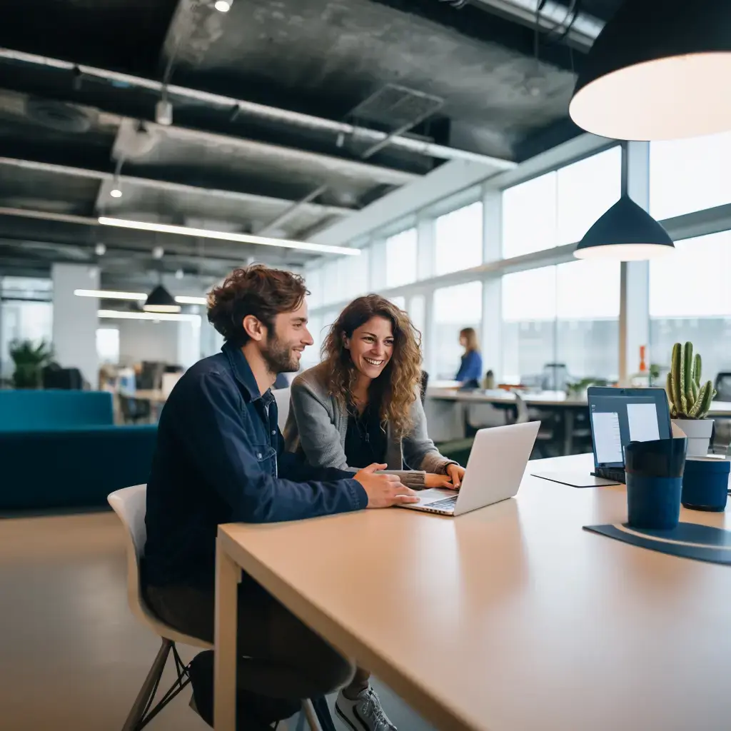 Junges Paar arbeitet gemeinsam an einem Laptop in einem modernen Büro, möglicherweise an einer Website-Übersetzung. Sie lächeln und diskutieren, während sie auf den Bildschirm schauen. Im Hintergrund ist ein offener Arbeitsbereich mit weiteren Mitarbeitern zu sehen